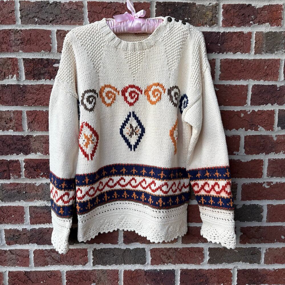 Hb Boho Geometric Folk Art Crochet Trim Cotton Knit Sweater Size S